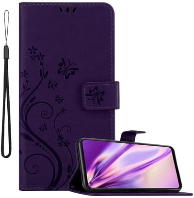 Cadorabo Hoesje geschikt voor Samsung Galaxy A21s in BLOEMEN DONKER PAARS - Beschermhoes in bloemmotief met magnetische sluiting, standfunctie en kaartsleuven Book Case Cover Etui