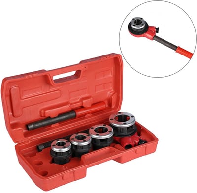 Dailygoods- Loodgieterset 6-delig - Snijijzer met verwisselbare kop - Schroefdraadboor - Kunststof opbergdoos - Duurzaam gietijzer - Compacte ratelkop - Schroefdraadset