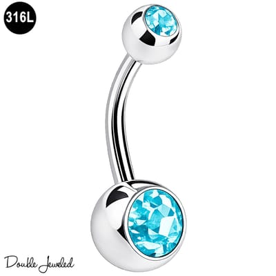 Navelpiercing Aqua Blauw – Navel Piercing 316L Chirurgisch Staal – Belly Button Piercing – Banana Barbell 1.6mm – Double Jeweled – Dames