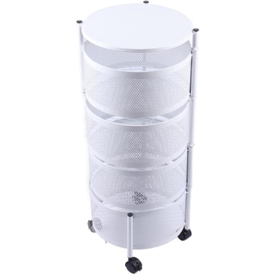 Keuken Draaiend Opbergrek Koolstofstaal Verhoogdhek met 4 Wielen Draaiende Mand voor Fruit 4 Layers Size: 26x26x54cm / 10.24x10.24x21.26in wit