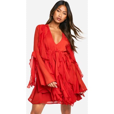boohoo Dames Ruffle Flare Sleeve Mini Dress | Russet | Maat: 38