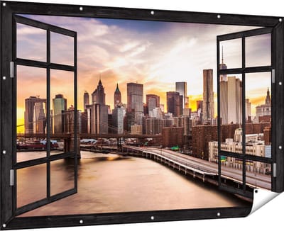Gards Tuinposter Doorkijk Brooklyn Bridge Brug in New York - 180x120 cm - Tuindoek - Tuindecoratie - Wanddecoratie buiten - Tuinschilderij