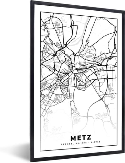 Fotolijst incl. Poster Zwart Wit- Frankrijk - Kaart - Metz - Plattegrond - Stadskaart - Zwart wit - 40x60 cm - Posterlijst