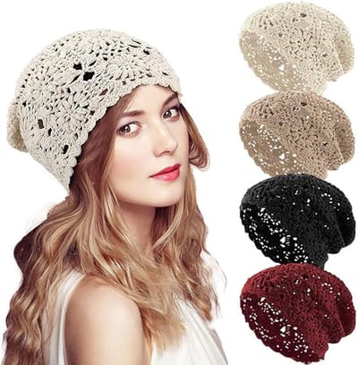 4 Stuks Muts - Dameskatoenen haakwerk muts - Handgebreide - Katoenen muts voor dames gehaakte mutsen - Handgebreide bloemenschedelmutsen voor de herfst - uitsparingen - Gebreid - Voor Hoofden Van 55-61 Cm