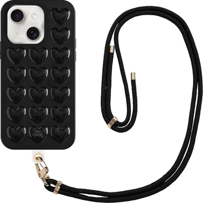 xoxo Wildhearts Heartbreaker Black Cord Case - Geschikt voor iPhone 13 - Heart case met telefoonkoord - Hoesje met 3D Hartjes patroon - Case met hart - Verstevigde backcover met afneembaar koord - Hartjes patroon - zwart