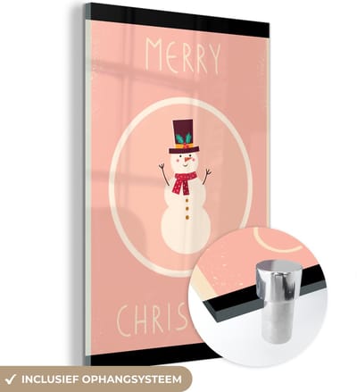 MuchoWow® Glasschilderij 120x180 cm - Schilderij acrylglas - Sneeuwpop - Quotes - Kerst - Merry christmas - Roze - Winter - Foto op glas - Schilderijen