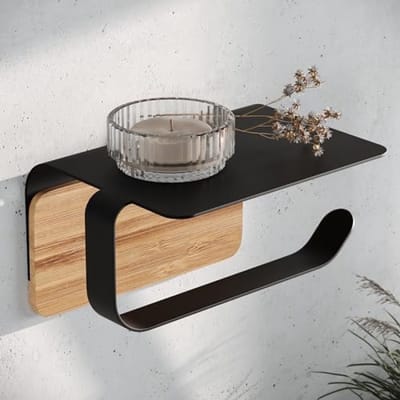 PromoHome Designer Toiletrolhouder met plank, Wandgemonteerd & zelfklevend ZwartBeige (geen boren nodig)