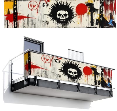 Balkonscherm 500x120 cm - Balkonposter Graffiti - Schedel - Abstract - Rood - Balkon scherm decoratie - Balkonschermen - Balkondoek zonnescherm
