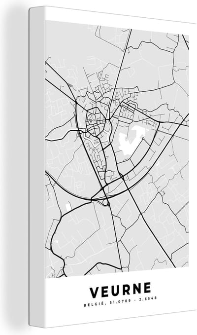 Canvas Schilderij Zwart Wit – België – Plattegrond – Stadskaart – Kaart – Veurne - 20x30 cm - Wanddecoratie