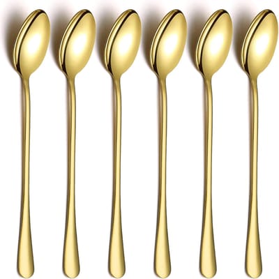 Iced Tea Lepels van RVS met Lange Handgreep, Set van 6 Cocktail- en Lattelepels met Gouden Titanium Coating voor Mixen en Roeren