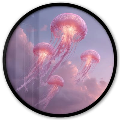 Poster in lijst Rond - Fotolijst 40x40 cm - Posters - Kwallen - Roze - Wolken - Ronde posterlijst zwart - Decoratie - Wanddecoratie woonkamer - Muurdecoratie slaapkamer