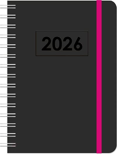 MGPcards - A5 Agenda 2026 - Sluiting Elastiek - Wire-O - Weekoverzicht 1w/2p - Zwart + Pink elastiek - Ruime vakken - 14,8 x 21 cm