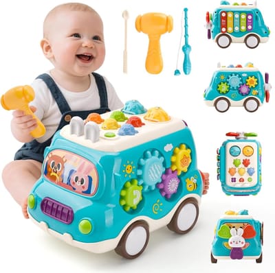 Speelgoed voor jongens van 1 jaar, Montessori speelgoedauto met xylofoon voor kinderen, muzikaal speelgoed voor baby's, Montessori educatief speelgoed en spellen voor 1-2 jaar, cadeau voor een babyjongen of meisje (blauw)