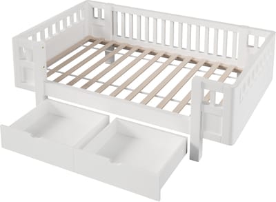 Wit kinderbed 90x200 met lades - Platformbed met uitvalbeveiliging - Eenpersoonsbed - Houten bed - 90x200 cm - Met opbergruimte - Voor kinderkamer Wit