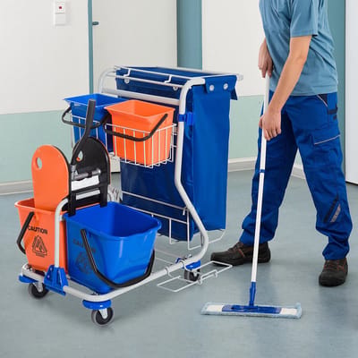 Pugsdrly Schoonmaakwagen Reinigingswagen 4 verrijdbare emmers Dweilwagen Systeemwagen met wieltjes Blauw Oranje 93 x 80 x 97 cm