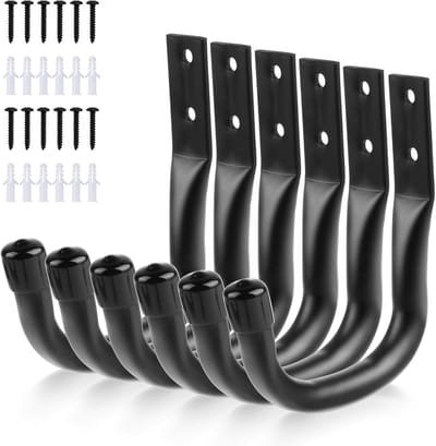VHV - Wandhaken - Ophanghaken garage - J-haken - Heavy duty - Metaal - Set van 6 - Voor gereedschap en verlengsnoeren - Voor werkplaats - 9 cm - Zwart