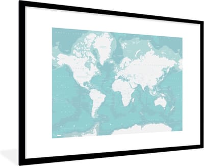 Poster in lijst - Fotolijst 90x60 cm - Posters - Wereldkaart - Blauw - Topografie - Kids - Jongens - Meisjes - Posterlijst zwart - Decoratie - Wanddecoratie woonkamer - Muurdecoratie slaapkamer