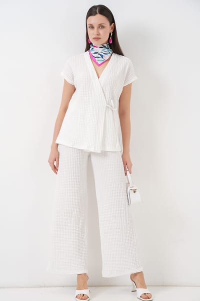 Gestructureerde V-hals Met Strikdetail Twee-delig Co-ord Set