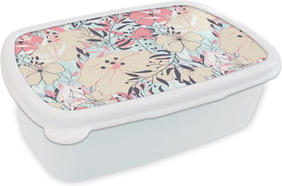 Broodtrommel Wit - Lunchbox - Brooddoos - Vintage - Bloem - Roze - Patronen - 18x12x6 cm - Volwassenen