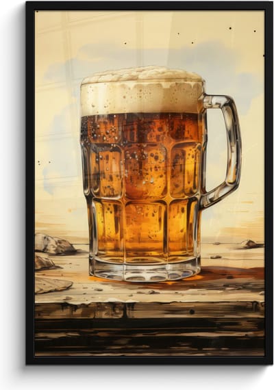 Poster in lijst - Fotolijst 60x90 cm - Posters - Vintage - Bier - Pul - Hout - Tafel - Drinken - Posterlijst zwart - Decoratie - Wanddecoratie woonkamer - Muurdecoratie slaapkamer