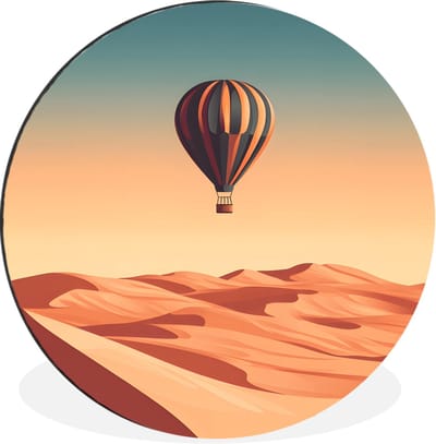 WallCircle - Wandcirkel - Muurcirkel - Luchtballon - Woestijn - Zonsondergang - Blauw - Aluminium - Dibond - 30x30 cm - Binnen en Buiten