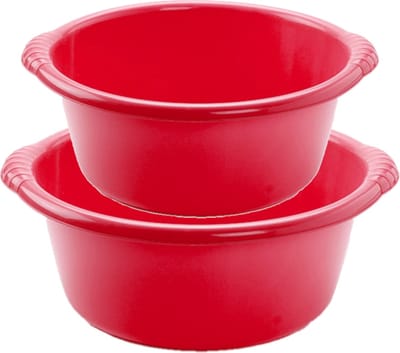 Voordeelset multifunctionele kunststof ronde teiltjes rood in 2-formaten - 10 en 15 liter inhoud