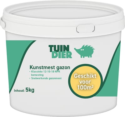 Kunstmest gazon | TUIN-DIER® | Kunstmest 12-10-18 | Kunstmest gras | Mest tuin | Snelwerkende meststof | In handige bewaaremmer | 5.000 gram | 5 kilogram