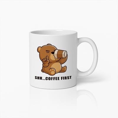 Shh Coffee First Koffiemok 330ml – Schattige Beer Cartoon Beker – Grappig Cadeau voor Koffieliefhebbers & Ochtendmensen