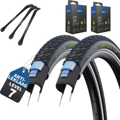 2 x Schwalbe fietsbanden Marathon E-Plus Zwart Reflex 28 x 2,00 inch buitenband (50-622)” + AV Auto ventiel binnenbanden + 3x MSZweirad bandenlichters