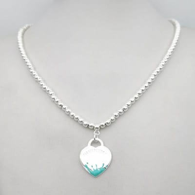 Sterling Zilver 925 Klassieke Mode Exclusief Blauw Emaille Waterbloem Hart Merk Dames 4mm Bolkraal Ketting white