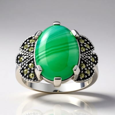 Cavill - Zilveren ring met groene agaat 4,27 ct en 14 marcasieten 0,182 ct - 925 Sterling zilver - Elegante brede damesring - Braziliaanse edelsteen