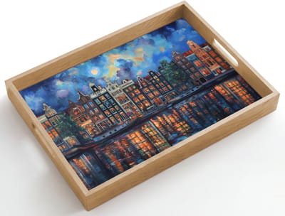 Dienblad hout 50x35 cm - Schootdienblad - Grachten Amsterdam - Huizen - Stad - Kleurrijk - Borrelplank rechthoek - Plateau dienbladen
