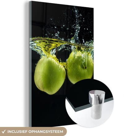 MuchoWow® Glasschilderij 120x180 cm - Schilderij acrylglas - Appels - Fruit - Water - Zwart - Groen - Foto op glas - Schilderijen