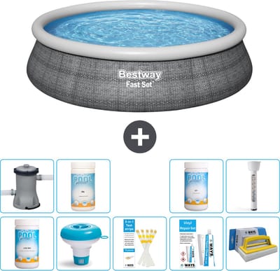 Bestway Rond Opblaasbaar Fast Set Zwembad - Rotanprint - 457 x 84 cm - Inclusief Pomp - Chloor - Chloordrijver - Testrips - Reparatiesetje - Scrubborstel - PH-min - PH-plus - Thermometer - 10-delig