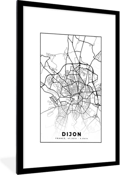 Fotolijst incl. Poster Zwart Wit- Frankrijk - Dijon - Plattegrond - Stadskaart - Kaart - Zwart wit - 60x90 cm - Posterlijst