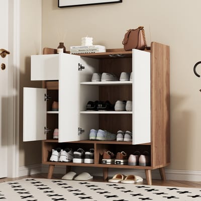 DESMIU Schoenenkast - Met Verstelbare Legplanken En Lade - Staande Opbergkast Voor Hal En Woonruimte - Spaanplaat - 90x35x99 Cm - Wit Naturel