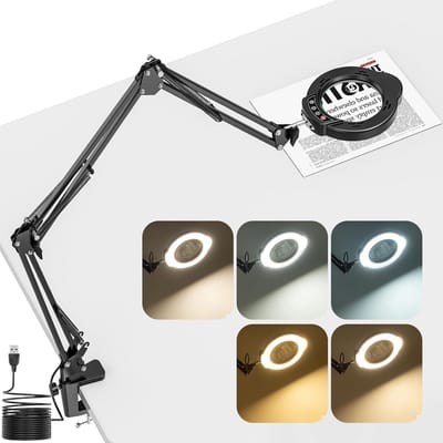 Versterkte Vergrootglas met Verlichting en Stand, 15x 10x Vergrootlamp met Klem en 3 Draaibare Armen, Desk Vergrootglas met 5 Kleuren en 10 Helderheidsinstellingen voor Handwerken, Lezen en Reparaties