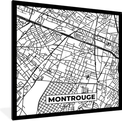 Fotolijst incl. Poster Zwart Wit- Montrouge - Plattegrond - Kaart - Frankrijk - Stadskaart - Zwart wit - 40x40 cm - Posterlijst