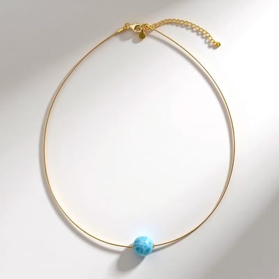 Cavill - Larimar Halsketting - 17 Karaat Ronde Larimar Kraal - 925 Sterling Zilver Verguld - Zomer Ketting - Strand Sieraad - Dominicaanse Republiek