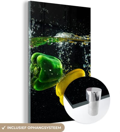 MuchoWow® Glasschilderij 120x180 cm - Schilderij acrylglas - Paprika - Groente - Water - Zwart - Rood - Groen - Geel - Foto op glas - Schilderijen