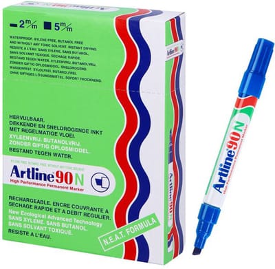 Artline 90 Permanent Marker - Doos 12 Stuks - Schuine Punt 2,0-5,0mm - Watervast & Wrijfvast - Hervulbaar - Blauw