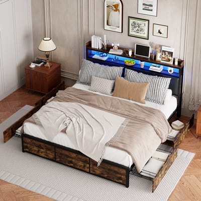 Bedframe 180x200 met 4 Lades & LED – Industrieel Metalen Bed met Opbergplank – Zwart Metaal & Houtlook – Hoofdbord met PU Rugleuning