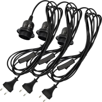Trango 3 stuks 1011-350B*3 Lamphouder met AAN/UIT-schakelaar - E27 fitting zwart met 3,5m stroomkabel I Schroefring I schakelaar I Lamp ophanging I Hanglamp