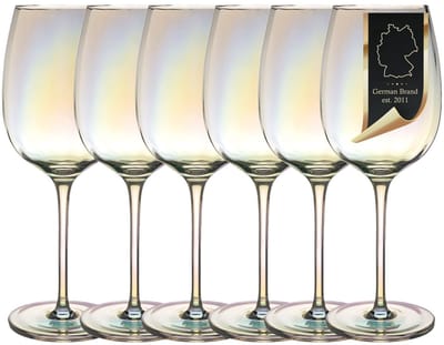 Intirilife 6x Wijnglas met Regenboog Glinstering en Golvende Vorm - 440 ml Inhoud - Witte wijn Rode wijn Kelk Vaatwasmachinebestendig Schokbestendig Kristalglas