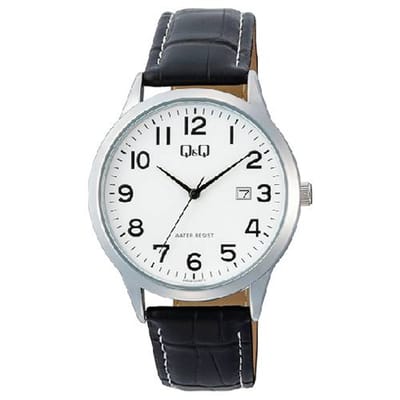 Q&Q-herenhorloge-datum-zwart leder-3 atm waterdicht-diameter 40 mm-duidelijke wijzerplaat