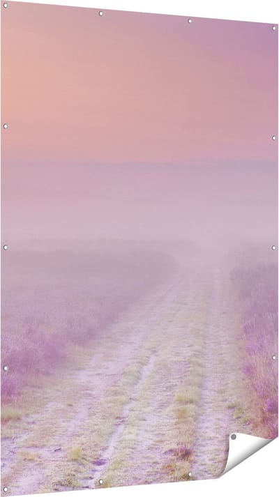 Gards Tuinposter Pad in de Weide tijdens de Mist - 120x180 cm - Tuindoek - Tuindecoratie - Wanddecoratie buiten - Tuinschilderij