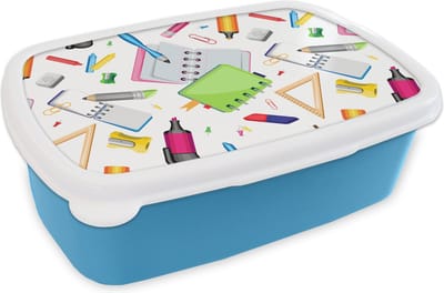 Broodtrommel Blauw - Lunchbox - Brooddoos - Patroon - School - Potlood - 18x12x6 cm - Kinderen - Jongen