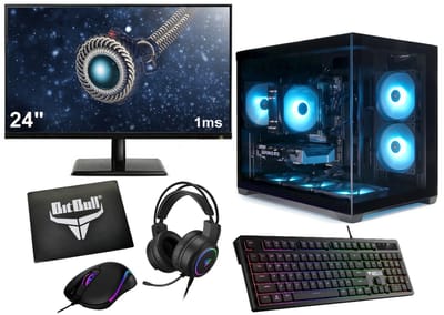 Ryzen 5 Budget Game PC Setup Compleet met 24" Gaming Monitor, Toetsenbord, Muis, Headset en Muismat|500GB SSD|16GB RAM|Mini Aquarium Case met aRGB Towercooler|WiFi 6|Bluetooth 5.4|Gamdias AURA GC10M