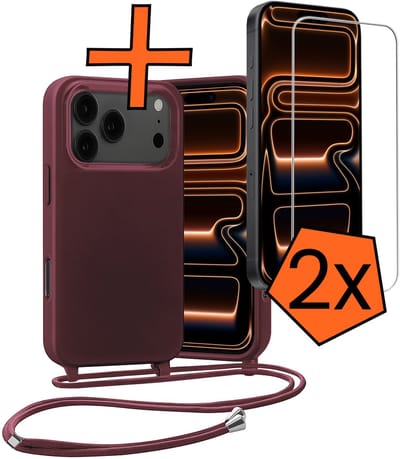 Hoesje Geschikt voor iPhone 17 Pro / 18 Pro Hoes Met Telefoonketting Met 2x Screenprotector - Backcover Geschikt voor iPhone 17 Pro / 18 Pro Case Met Koord - Aubergine