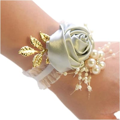 Kunstroos Armband - Polsbloem Bruiloft - Bruidsgeschenken - Parelstrik Detail - 4 Stuks - Zoals Afgebeeld